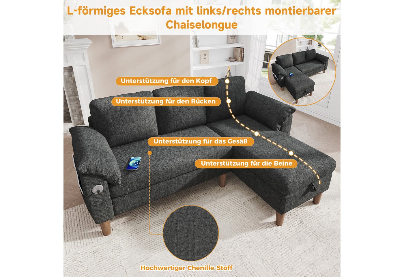 Merax Ecksofa L-förmiges Sofa mit Stauraum-Chaiselongue, links oder rechts montierbar, Couch, Schlafsofa 1 Teile, 3-Sitzer-Sofa mit USB & Type-C Ladeanschluss,  – Bild 4 von 5