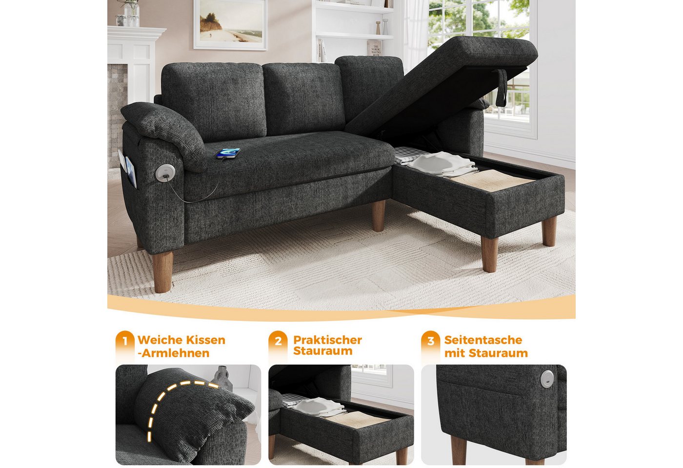 Merax Ecksofa L-förmiges Sofa mit Stauraum-Chaiselongue, links oder rechts montierbar, Couch, Schlafsofa 1 Teile, 3-Sitzer-Sofa mit USB & Type-C Ladeanschluss,  – Bild 5 von 5