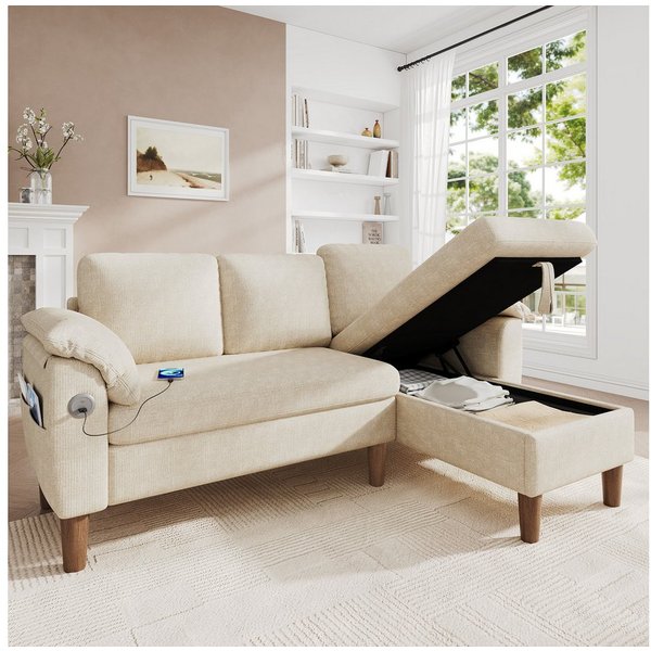 Merax Ecksofa L-förmiges Sofa mit Stauraum-Chaiselongue, links oder rechts montierbar, Couch, Schlafsofa 1 Teile, 3-Sitzer-Sofa mit USB & Type-C Ladeanschluss, 