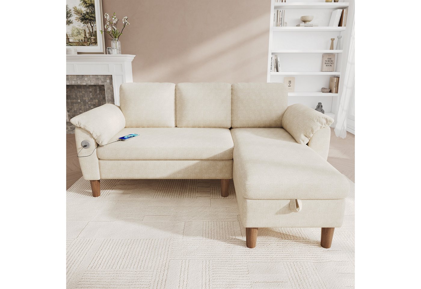 Merax Ecksofa L-förmiges Sofa mit Stauraum-Chaiselongue, links oder rechts montierbar, Couch, Schlafsofa 1 Teile, 3-Sitzer-Sofa mit USB & Type-C Ladeanschluss,  – Bild 2 von 5