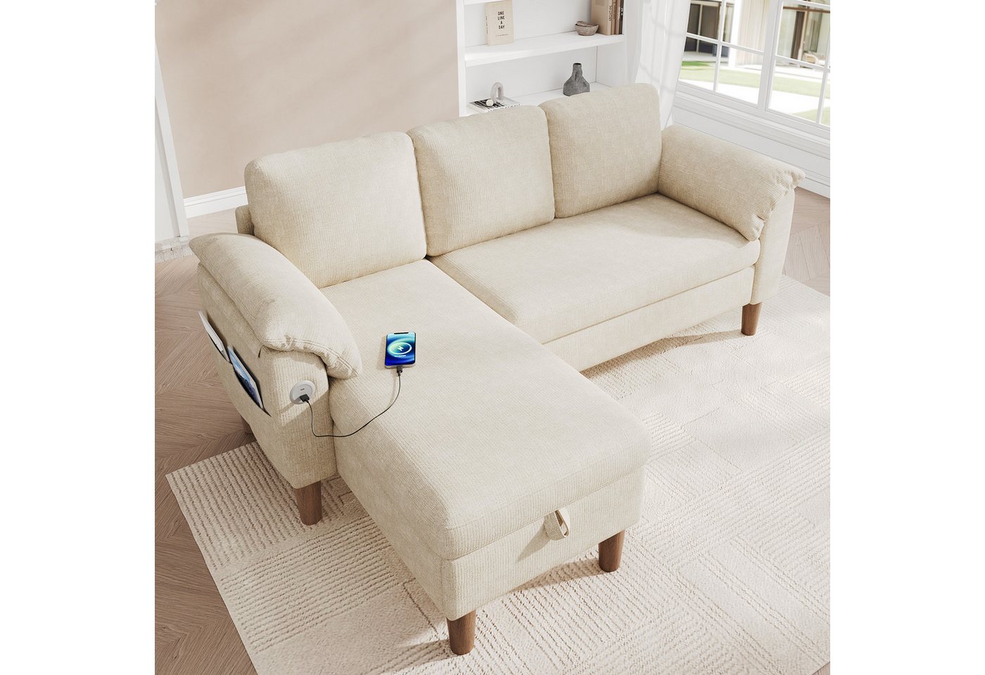 Merax Ecksofa L-förmiges Sofa mit Stauraum-Chaiselongue, links oder rechts montierbar, Couch, Schlafsofa 1 Teile, 3-Sitzer-Sofa mit USB & Type-C Ladeanschluss,  – Bild 3 von 5