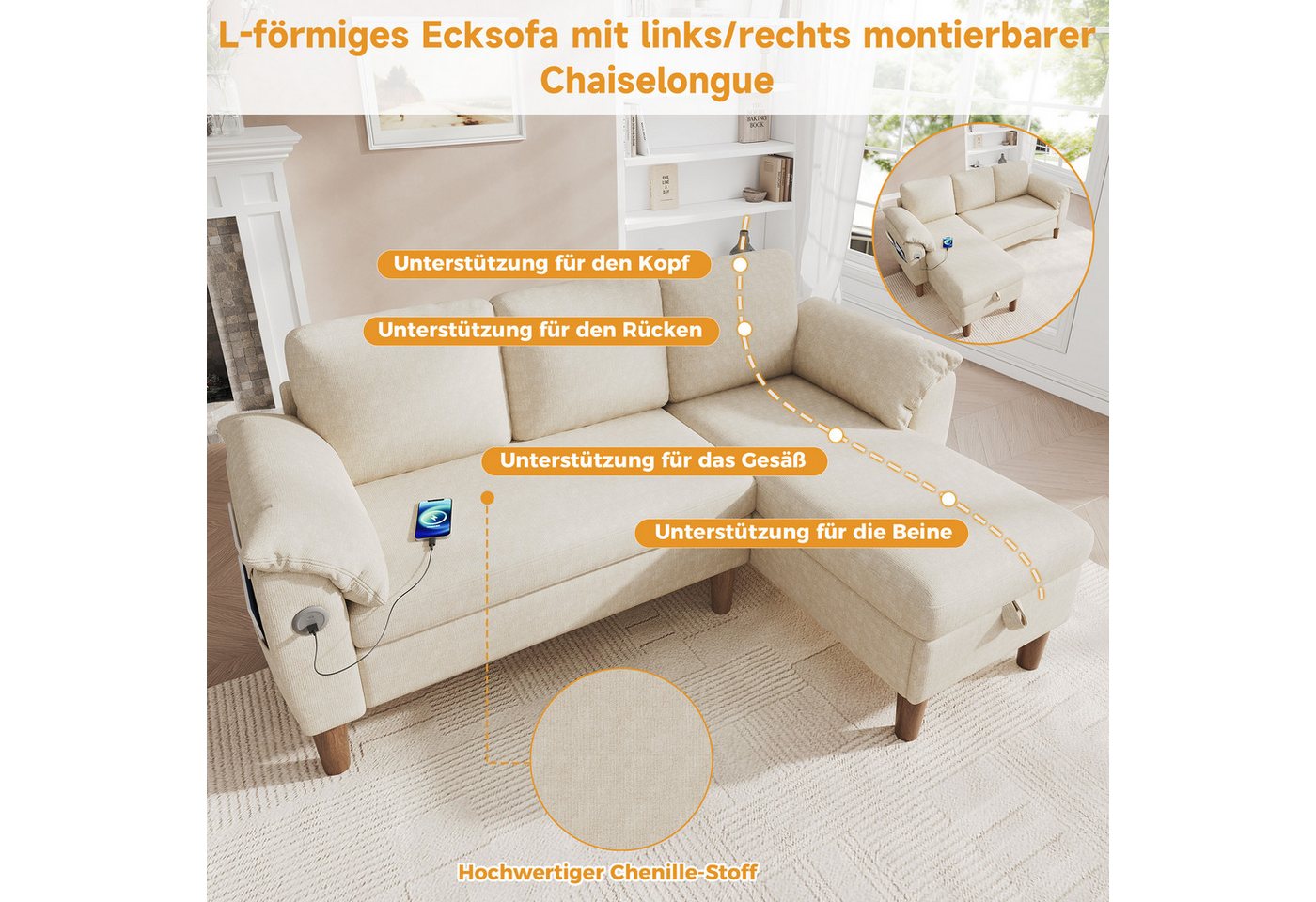 Merax Ecksofa L-förmiges Sofa mit Stauraum-Chaiselongue, links oder rechts montierbar, Couch, Schlafsofa 1 Teile, 3-Sitzer-Sofa mit USB & Type-C Ladeanschluss,  – Bild 4 von 5