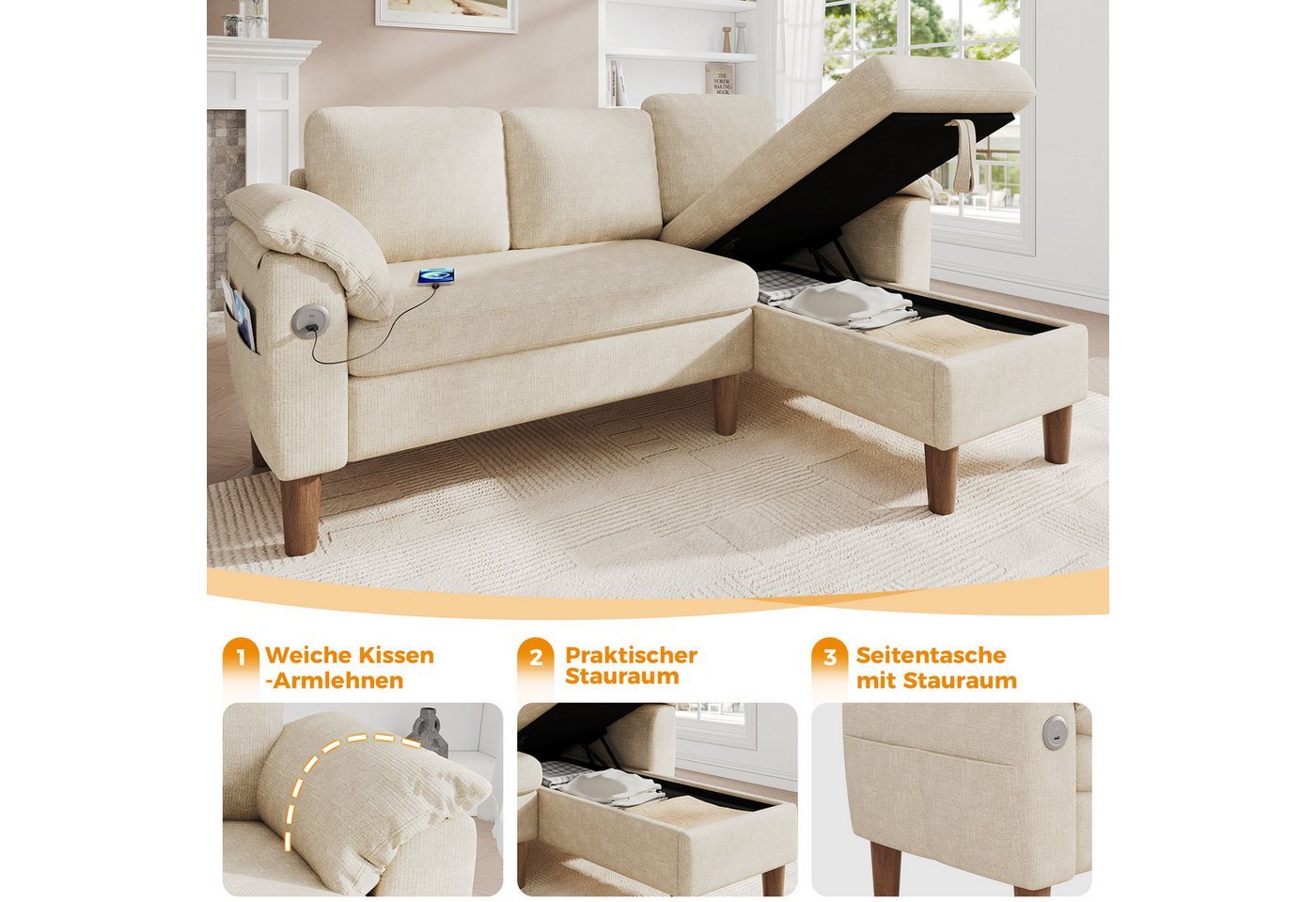 Merax Ecksofa L-förmiges Sofa mit Stauraum-Chaiselongue, links oder rechts montierbar, Couch, Schlafsofa 1 Teile, 3-Sitzer-Sofa mit USB & Type-C Ladeanschluss,  – Bild 5 von 5