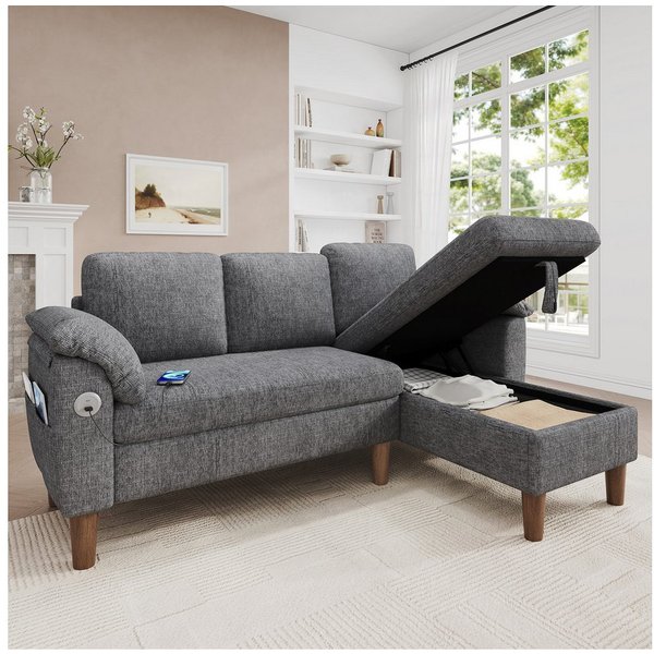 Merax Ecksofa L-förmiges Sofa mit Stauraum-Chaiselongue, links oder rechts montierbar, Couch, Schlafsofa 1 Teile, 3-Sitzer-Sofa mit USB & Type-C Ladeanschluss, 
