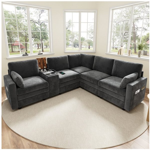 Merax Ecksofa L-Form Sofa mit wendbarer Mittelkonsole & USB-Anschlüssen, Modulares Sofa für Wohnzimmer & Schlafzimmer 1 Teile, 5-Sitzer-Sofa mit Getränkehaltern
