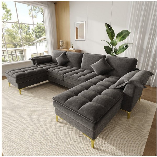 Merax Ecksofa mit 2 Chaiselongues, U-förmiges Sofa Cloud-Design Couch aus Chenille, 1 Teile, 4-Sitzer-Sofa mit 2 Kissen,goldene Metallfüße,Doppelschicht-Polster