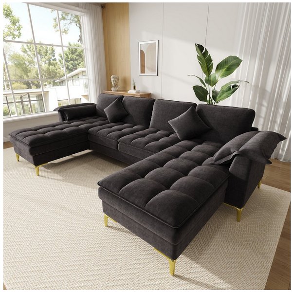 Merax Ecksofa mit 2 Chaiselongues, U-förmiges Sofa Cloud-Design Couch aus Chenille, 1 Teile, 4-Sitzer-Sofa mit 2 Kissen,goldene Metallfüße,Doppelschicht-Polster