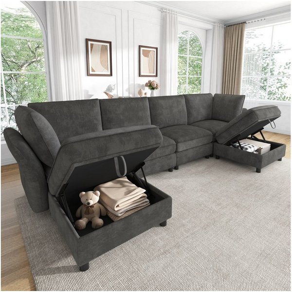 Merax Ecksofa mit 2 Stauraum-Hockern, modulares U-/L-Sofa aus Chenille, 289 × 137 × 84 cm 1 Teile, 6-Sitzer-Sofa mit 2 Kissen, frei kombinierbares Couch in Clou