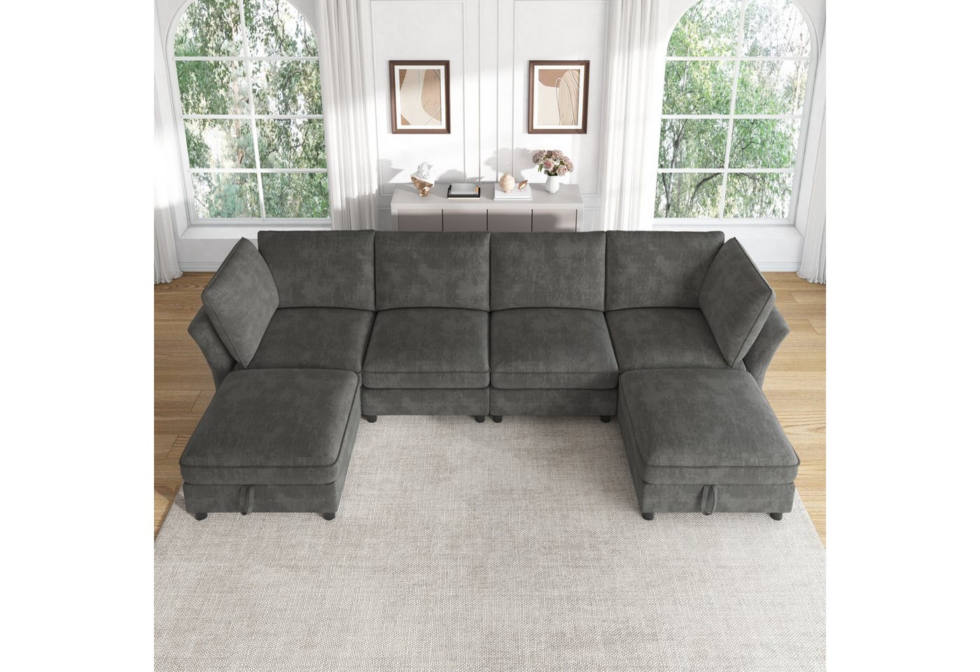 Merax Ecksofa mit 2 Stauraum-Hockern, modulares U-/L-Sofa aus Chenille, 289 × 137 × 84 cm 1 Teile, 6-Sitzer-Sofa mit 2 Kissen, frei kombinierbares Couch in Clou – Bild 2 von 5