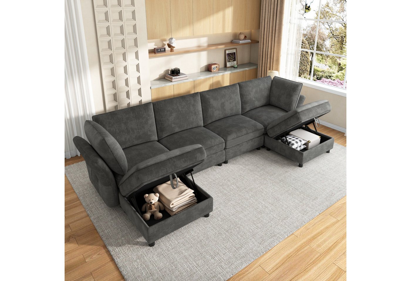 Merax Ecksofa mit 2 Stauraum-Hockern, modulares U-/L-Sofa aus Chenille, 289 × 137 × 84 cm 1 Teile, 6-Sitzer-Sofa mit 2 Kissen, frei kombinierbares Couch in Clou – Bild 3 von 5