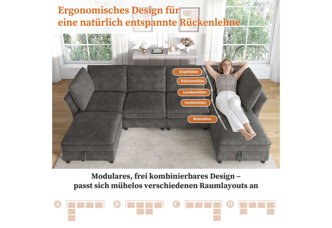 Merax Ecksofa mit 2 Stauraum-Hockern, modulares U-/L-Sofa aus Chenille, 289 × 137 × 84 cm 1 Teile, 6-Sitzer-Sofa mit 2 Kissen, frei kombinierbares Couch in Clou – Bild 4 von 5