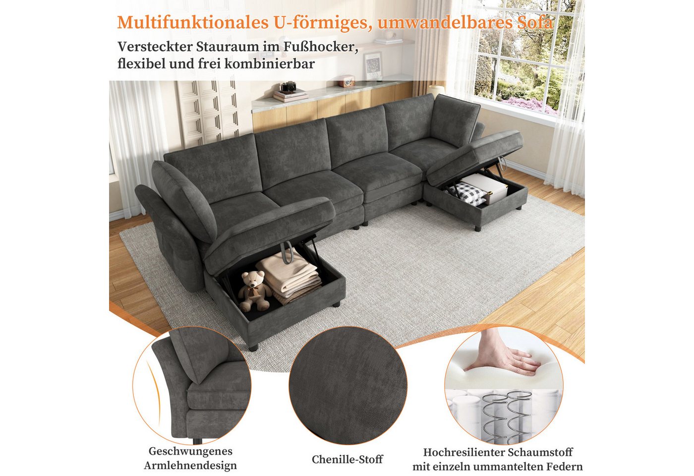 Merax Ecksofa mit 2 Stauraum-Hockern, modulares U-/L-Sofa aus Chenille, 289 × 137 × 84 cm 1 Teile, 6-Sitzer-Sofa mit 2 Kissen, frei kombinierbares Couch in Clou – Bild 5 von 5