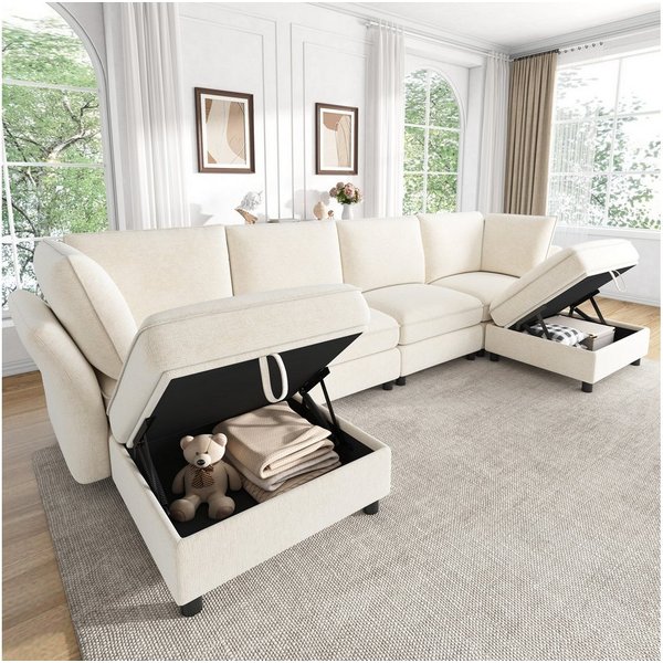 Merax Ecksofa mit 2 Stauraum-Hockern, modulares U-/L-Sofa aus Chenille, 289 × 137 × 84 cm 1 Teile, 6-Sitzer-Sofa mit 2 Kissen, frei kombinierbares Couch in Clou