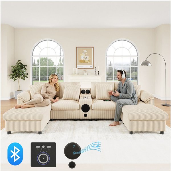 Merax Ecksofa mit Bluetooth-Lautsprecher & Medienkonsole, U-/L-Form Ecksofa, inkl. Hocker & Kissen, für 4–6 Personen, Cordstoff 1 Teile, Modulares Sofa mit Stau