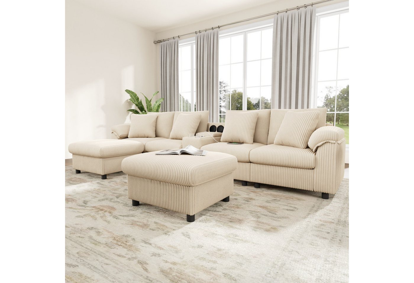 Merax Ecksofa mit Bluetooth-Lautsprecher & Medienkonsole, U-/L-Form Ecksofa, inkl. Hocker & Kissen, für 4–6 Personen, Cordstoff 1 Teile, Modulares Sofa mit Stau – Bild 2 von 5