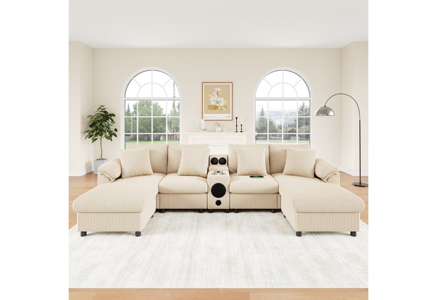 Merax Ecksofa mit Bluetooth-Lautsprecher & Medienkonsole, U-/L-Form Ecksofa, inkl. Hocker & Kissen, für 4–6 Personen, Cordstoff 1 Teile, Modulares Sofa mit Stau – Bild 3 von 5