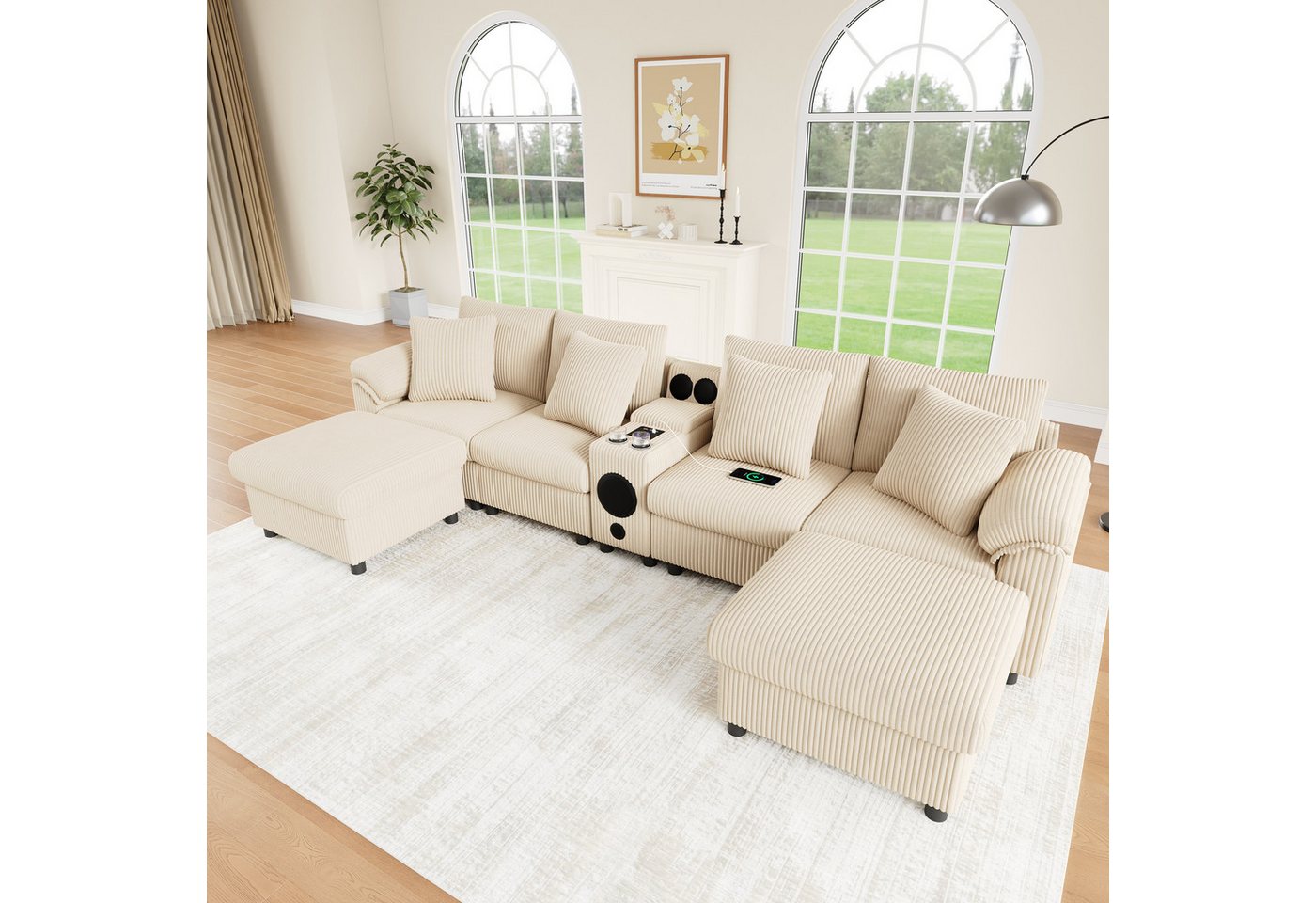 Merax Ecksofa mit Bluetooth-Lautsprecher & Medienkonsole, U-/L-Form Ecksofa, inkl. Hocker & Kissen, für 4–6 Personen, Cordstoff 1 Teile, Modulares Sofa mit Stau – Bild 4 von 5