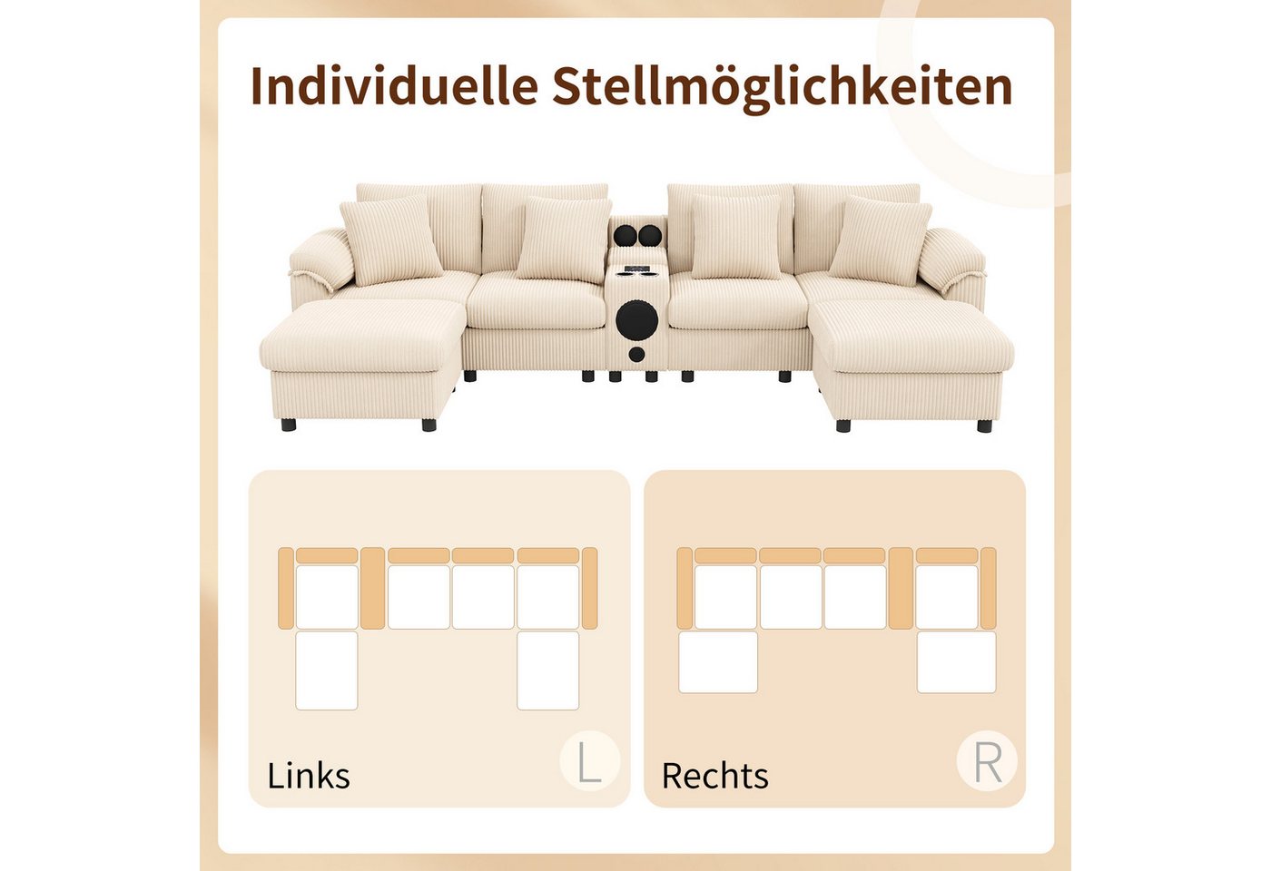 Merax Ecksofa mit Bluetooth-Lautsprecher & Medienkonsole, U-/L-Form Ecksofa, inkl. Hocker & Kissen, für 4–6 Personen, Cordstoff 1 Teile, Modulares Sofa mit Stau – Bild 5 von 5