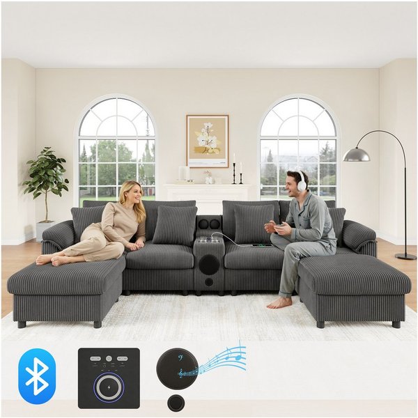 Merax Ecksofa mit Bluetooth-Lautsprecher & Medienkonsole, U-/L-Form Ecksofa, inkl. Hocker & Kissen, für 4–6 Personen, Cordstoff 1 Teile, Modulares Sofa mit Stau