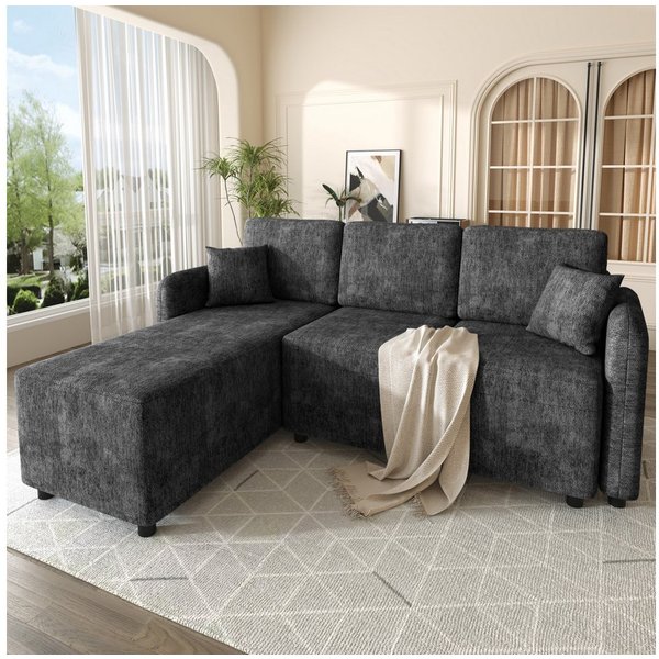 Merax Ecksofa mit Chenille-Bezug, L-förmiges Sofa mit Schaumstoff, 1 Teile, 3-Sitzer-Sofa mit 2 Kissen & Massivholzrahmen, 187,5 × 144 × 85,5 cm