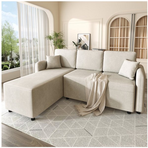 Merax Ecksofa mit Chenille-Bezug, L-förmiges Sofa mit Schaumstoff, 1 Teile, 3-Sitzer-Sofa mit 2 Kissen & Massivholzrahmen, 187,5 × 144 × 85,5 cm
