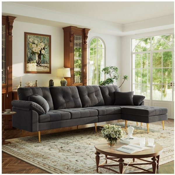 Merax Ecksofa mit flexiblem Hocker, frei kombinierbares Ecksofa in L-Form, 250 L x 70 B x 87 H cm 1 Teile, Loungesofa mit weichen Sitzkissen & Eisenfüße, Sofa a
