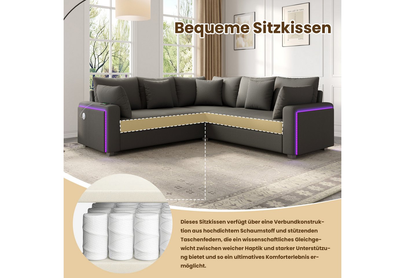 Merax Ecksofa mit LED-Beleuchtung und USB- & USB-C-Ladeanschluss, 198×198×83cm 1 Teile, L-förmiges Sofa Ecksofa, 5-Sitzer Couch mit Kissen, Cordstoff – Bild 4 von 5