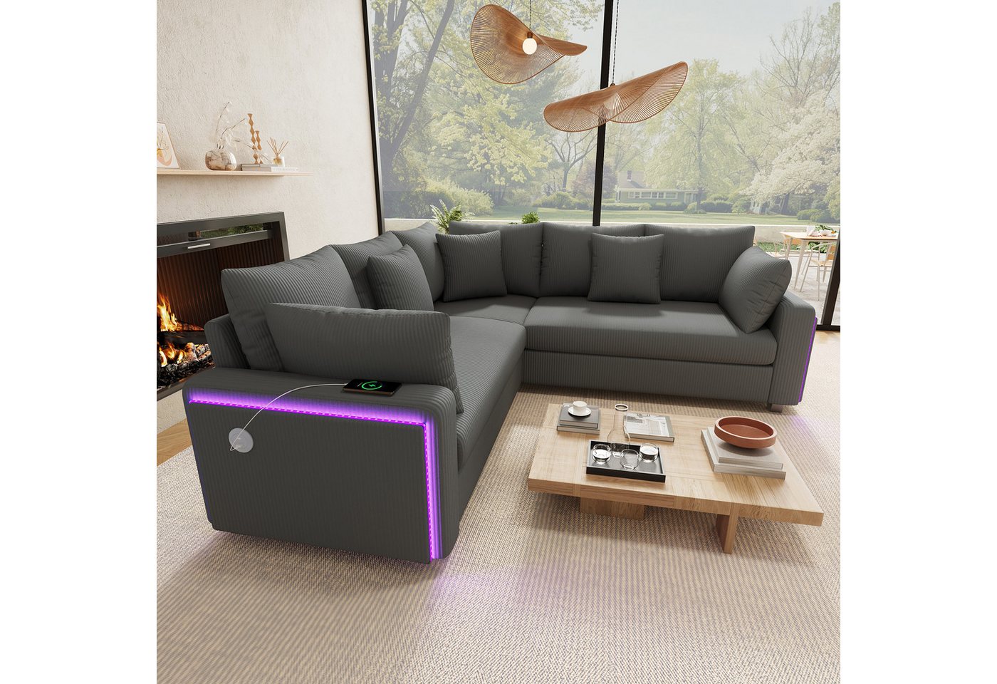 Merax Ecksofa mit LED-Beleuchtung und USB- & USB-C-Ladeanschluss, 198×198×83cm 1 Teile, L-förmiges Sofa Ecksofa, 5-Sitzer Couch mit Kissen, Cordstoff – Bild 2 von 5