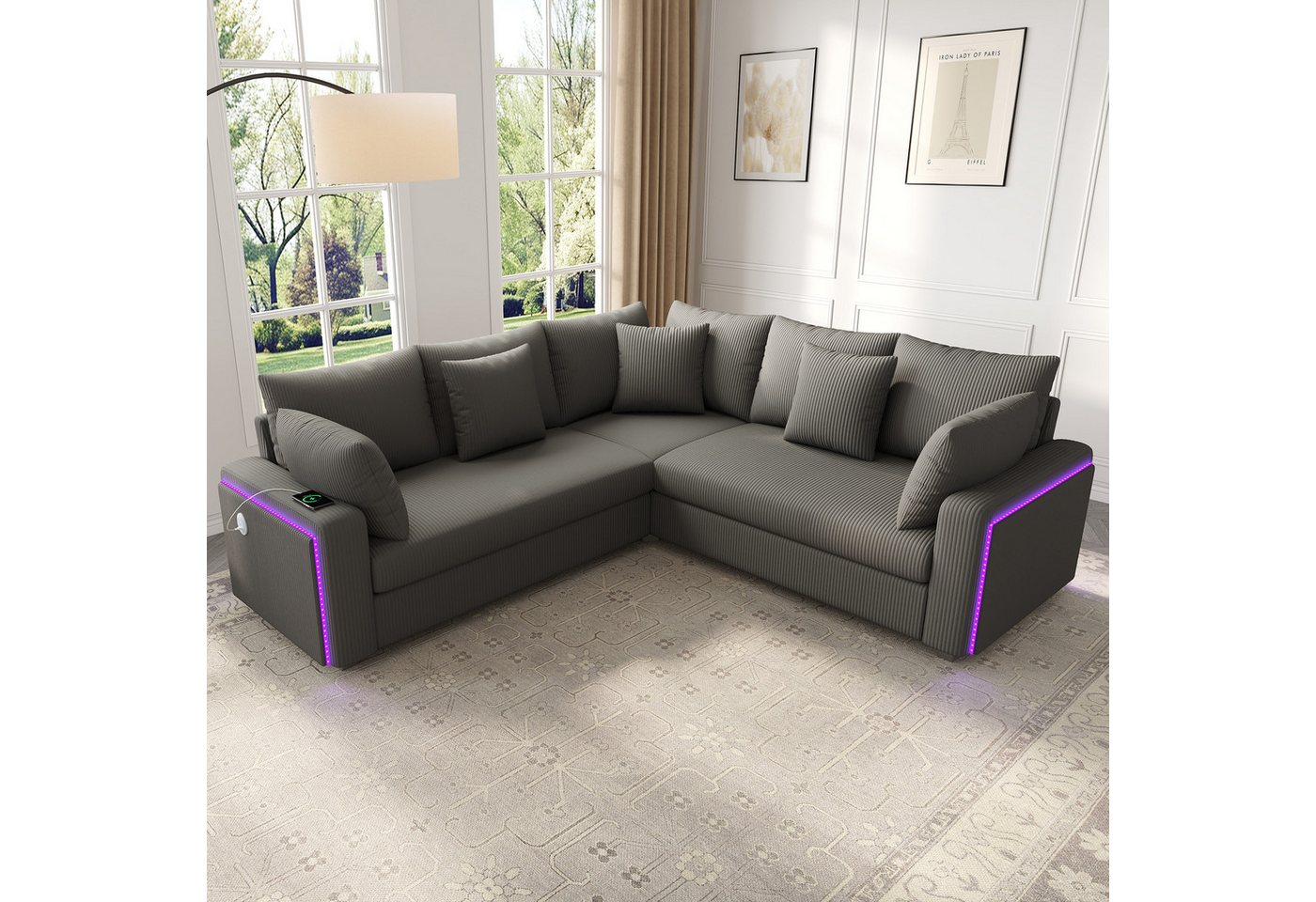 Merax Ecksofa mit LED-Beleuchtung und USB- & USB-C-Ladeanschluss, 198×198×83cm 1 Teile, L-förmiges Sofa Ecksofa, 5-Sitzer Couch mit Kissen, Cordstoff – Bild 3 von 5