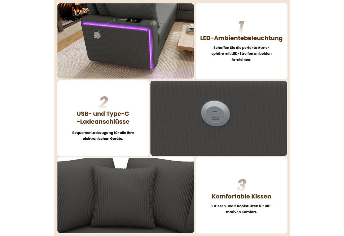 Merax Ecksofa mit LED-Beleuchtung und USB- & USB-C-Ladeanschluss, 198×198×83cm 1 Teile, L-förmiges Sofa Ecksofa, 5-Sitzer Couch mit Kissen, Cordstoff – Bild 4 von 5