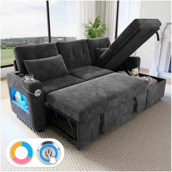 Merax Ecksofa mit LED‑Beleuchtung & USB, L-förmiges Sofa mit Schlaffunktion, multifunktionales Schlafsofa aus Chenille, für Wohnzimmer/Schlafzimmer 1 Teile, 3-S