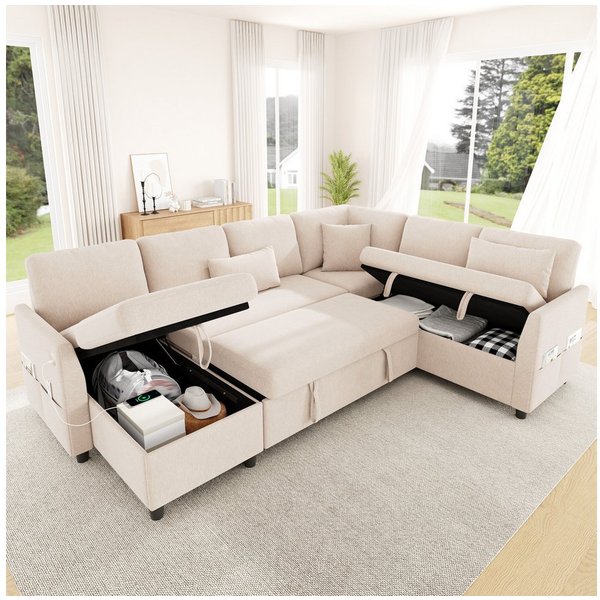 Merax Ecksofa mit Schlaffunktion, Eckcouch mit Chaiselongue, ausziehbares Schlafsofa, links/rechts montierbar, 255 x 196 x 85 cm 1 Teile, L/U-Sofa mit versteckt