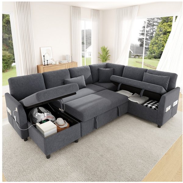 Merax Ecksofa mit Schlaffunktion, Eckcouch mit Chaiselongue, ausziehbares Schlafsofa, links/rechts montierbar, 255 x 196 x 85 cm 1 Teile, L/U-Sofa mit versteckt