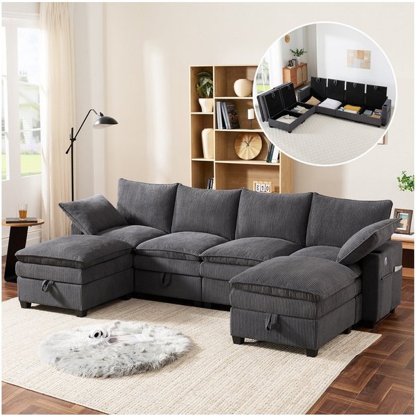 Merax Ecksofa mit USB-Anschlüssen, 6-Sitzer Sofa mit Cordbezug, L-/U-Form Sofa, 280 L x 152 B x 83 H cm 1 Teile, mit 2 abnehmbaren Fußhockern, 6 Staufächern, Ge