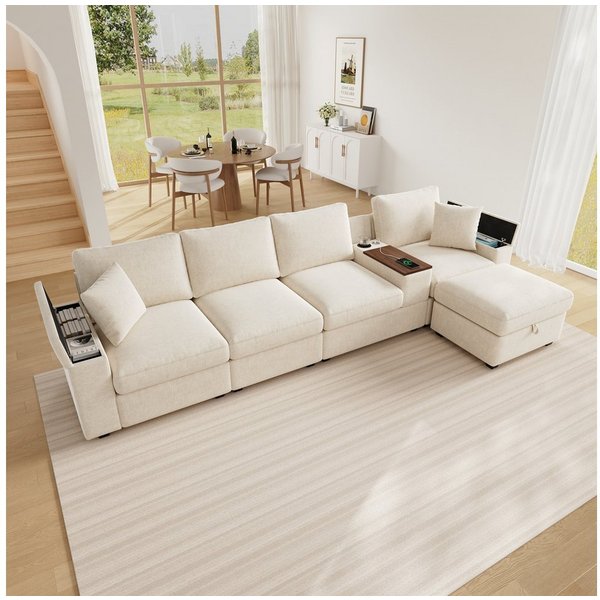 Merax Ecksofa Modulares L-Sofa, 5-Sitzer Sofa mit Ottomane & Stauraum, Chenille, 313 x 147 x 82 cm 1 Teile, Couch mit 360° drehbarer Couchtisch, Getränkehalter 
