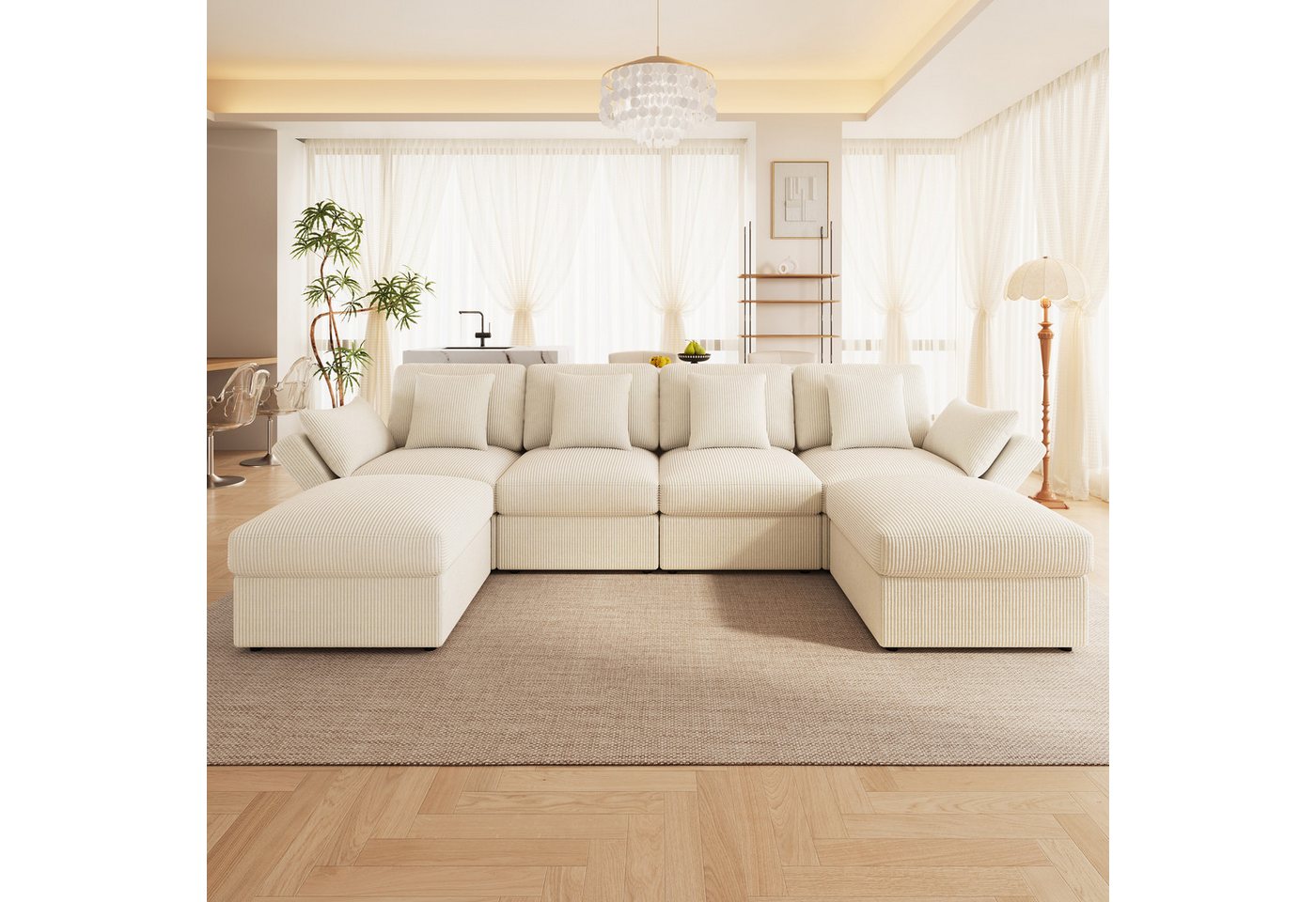 Merax Ecksofa U-förmiges 6-Sitzer Sofa aus Cordstoff, 1 Teile, Modulares Sofa mit verstellbaren Armlehnen, Hockern und 6 Zierkissen – Bild 2 von 5