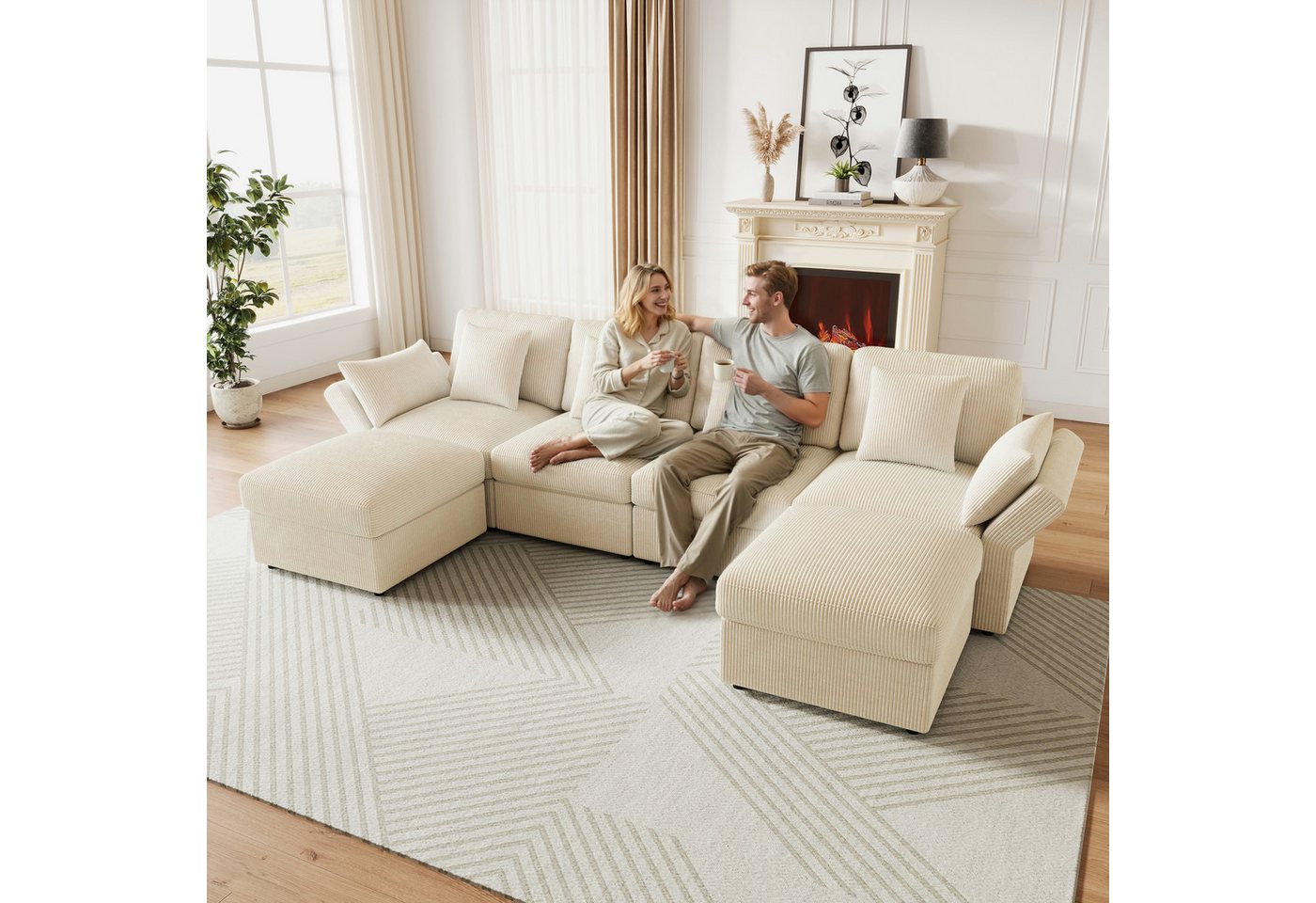 Merax Ecksofa U-förmiges 6-Sitzer Sofa aus Cordstoff, 1 Teile, Modulares Sofa mit verstellbaren Armlehnen, Hockern und 6 Zierkissen – Bild 3 von 5