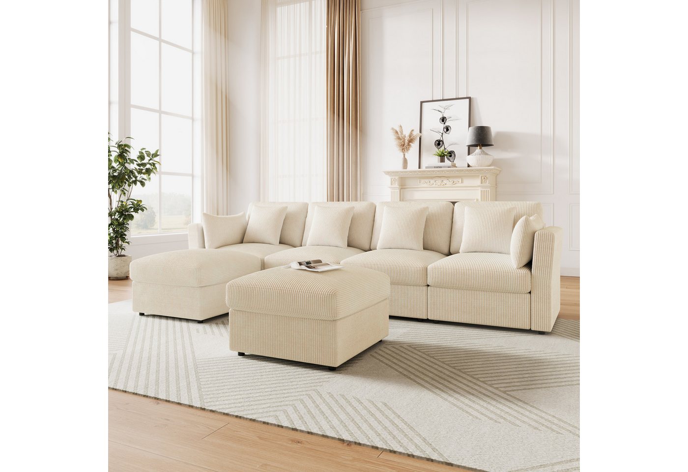 Merax Ecksofa U-förmiges 6-Sitzer Sofa aus Cordstoff, 1 Teile, Modulares Sofa mit verstellbaren Armlehnen, Hockern und 6 Zierkissen – Bild 4 von 5