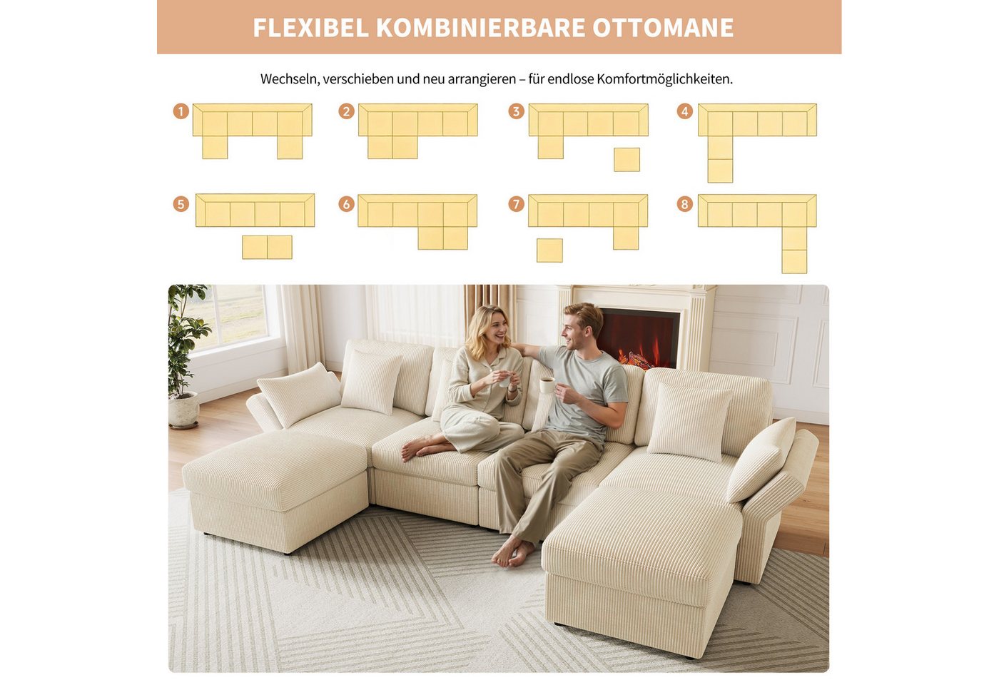 Merax Ecksofa U-förmiges 6-Sitzer Sofa aus Cordstoff, 1 Teile, Modulares Sofa mit verstellbaren Armlehnen, Hockern und 6 Zierkissen – Bild 5 von 5