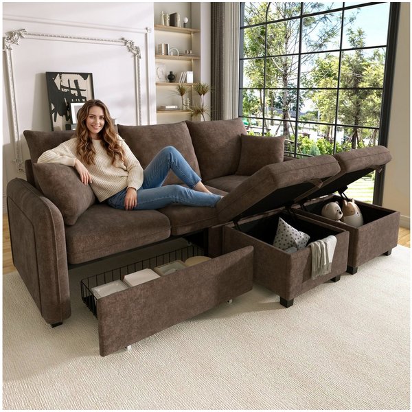 Merax Ecksofa U-förmiges Schlafsofa mit Staufunktion, Tagesbett Sofa Wohnzimmersofa aus Chenille-Bezug 1 Teile, 3-Sitzer-Ecksofa mit 2 Schubladen & 2 Hocker mit