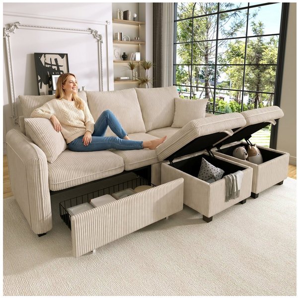 Merax Ecksofa U-förmiges Schlafsofa mit Staufunktion, Tagesbett Sofa Wohnzimmersofa aus Chenille-Bezug 1 Teile, 3-Sitzer-Ecksofa mit 2 Schubladen & 2 Hocker mit