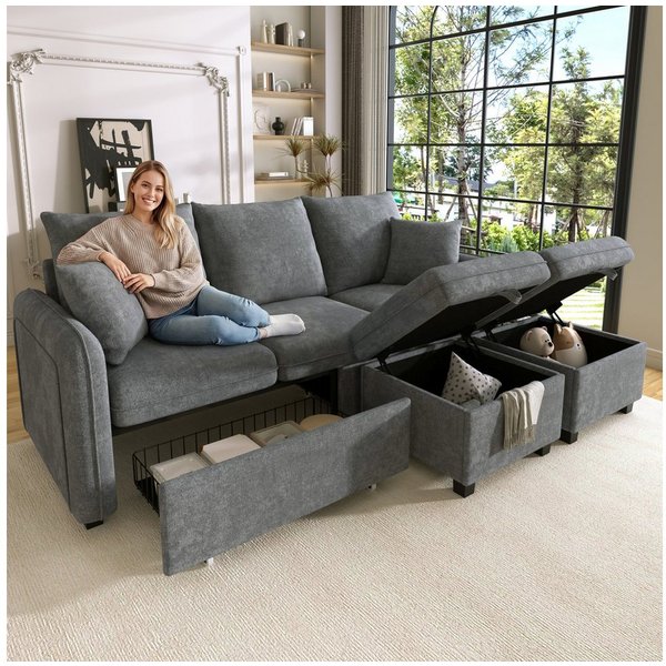 Merax Ecksofa U-förmiges Schlafsofa mit Staufunktion, Tagesbett Sofa Wohnzimmersofa aus Chenille-Bezug 1 Teile, 3-Sitzer-Ecksofa mit 2 Schubladen & 2 Hocker mit