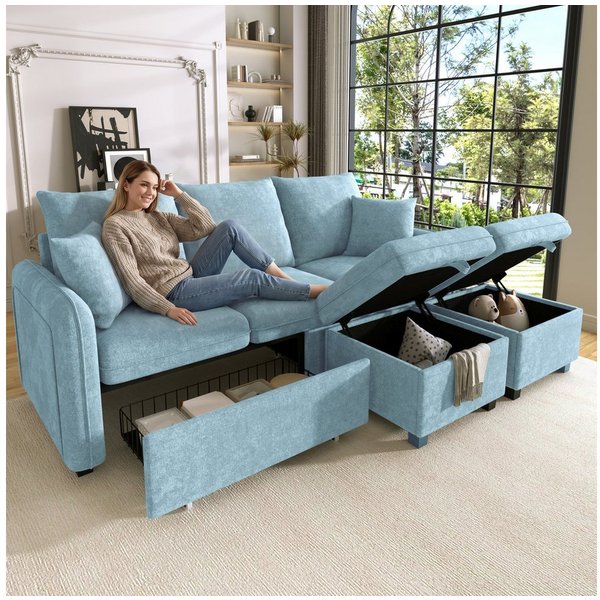 Merax Ecksofa U-förmiges Schlafsofa mit Staufunktion, Tagesbett Sofa Wohnzimmersofa aus Chenille-Bezug 1 Teile, 3-Sitzer-Ecksofa mit 2 Schubladen & 2 Hocker mit