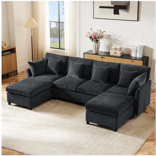 Merax Ecksofa U-förmiges Sofa aus Chenille-Stoff, 1 Teile, Modulares Couch Chenille-Sofa mit 2 abnehmbarem Fußhocker und 6 Kissen