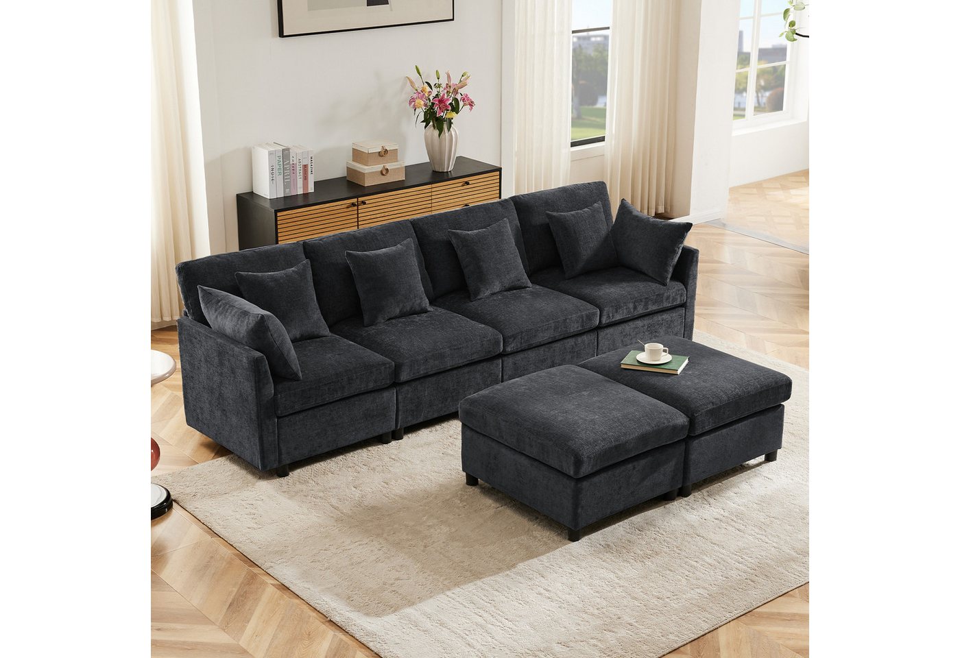 Merax Ecksofa U-förmiges Sofa aus Chenille-Stoff, 1 Teile, Modulares Couch Chenille-Sofa mit 2 abnehmbarem Fußhocker und 6 Kissen – Bild 3 von 5