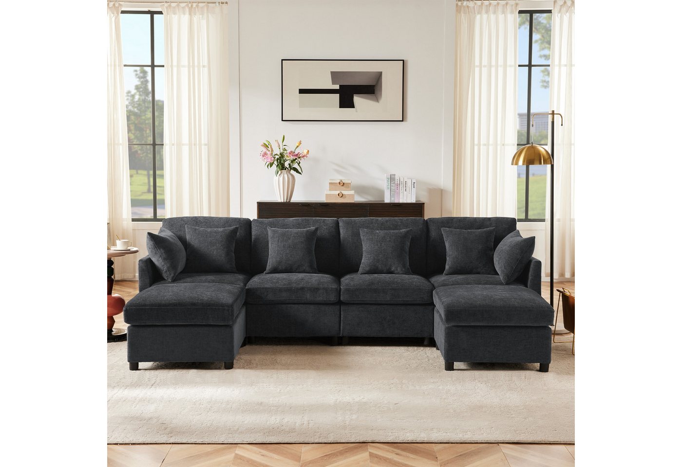 Merax Ecksofa U-förmiges Sofa aus Chenille-Stoff, 1 Teile, Modulares Couch Chenille-Sofa mit 2 abnehmbarem Fußhocker und 6 Kissen – Bild 4 von 5