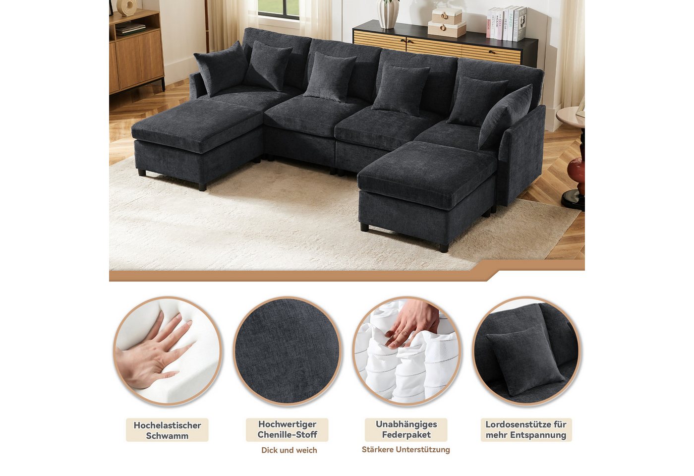 Merax Ecksofa U-förmiges Sofa aus Chenille-Stoff, 1 Teile, Modulares Couch Chenille-Sofa mit 2 abnehmbarem Fußhocker und 6 Kissen – Bild 5 von 5