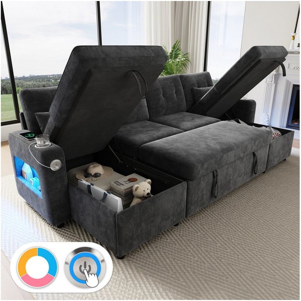 Merax Ecksofa U‑förmiges Sofa mit Schlaffunktion, Ausziehbares U‑Sofa mit LED & USB, Chenille Schlafsofa Chaiselongue Sofabett für 4-5 Personen 1 Teile, Sofa mi