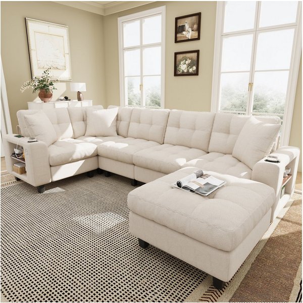 Merax Ecksofa U-förmiges XXL-Modulares Sofa mit USB-Anschlüssen, Chenille-Sofa, ideal für Wohnzimmer 1 Teile, 6-Sitzer-Sofa mit Bücherregal-Armlehnen, Hocker, B