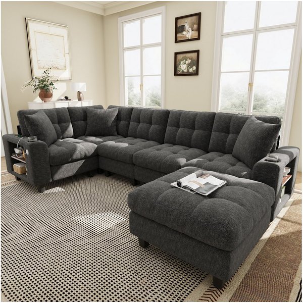 Merax Ecksofa U-förmiges XXL-Modulares Sofa mit USB-Anschlüssen, Chenille-Sofa, ideal für Wohnzimmer 1 Teile, 6-Sitzer-Sofa mit Bücherregal-Armlehnen, Hocker, B